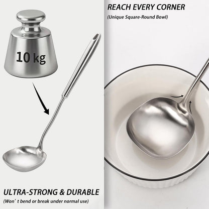 15.4" Large Soup Ladle,316 Stainless Steel Kitchen Ladle with Unique Square Head,Premium Matte Finish Gravy Ladle for Serving Stews,Soups&Sauces,Ergonomic Heat-Resistant Handle Soup Spoon