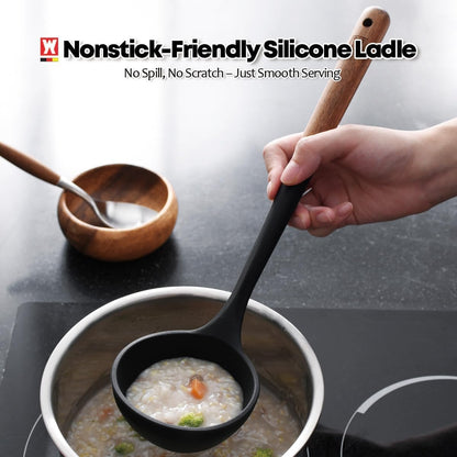 Cooking Ladle: Silicone Kitchen Utensil with Long Wooden Handles, Heat Resistant Cookware, Protects Surfaces with Gentle Head Design, Portion Batter, Professional Chef Wok Soup Ladle