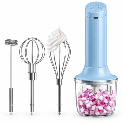 Cordless Hand Mixer, 4-in-1 Handheld Electric Mixer with Electric Whisk Frother & 10 oz Mini Food Chopper, USB-C Rechargeable 4-Speed Hand Mixer for Eggs, Cream, Coffee & Small-Batch Prep