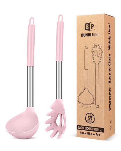 BUNDLEPRO Silicone Soup Ladle and Pasta Spoon Set, 2 Pack, Black