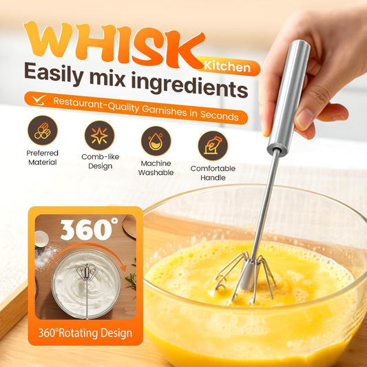 Stainless Steel Semi Automatic Whisk, 2026 Upgraded Egg Whisk Hand Push Rotary Whisk Blender, Hand Push Mixer Stirrer for Blending, Whisking, Beating and Stirring (12 In)