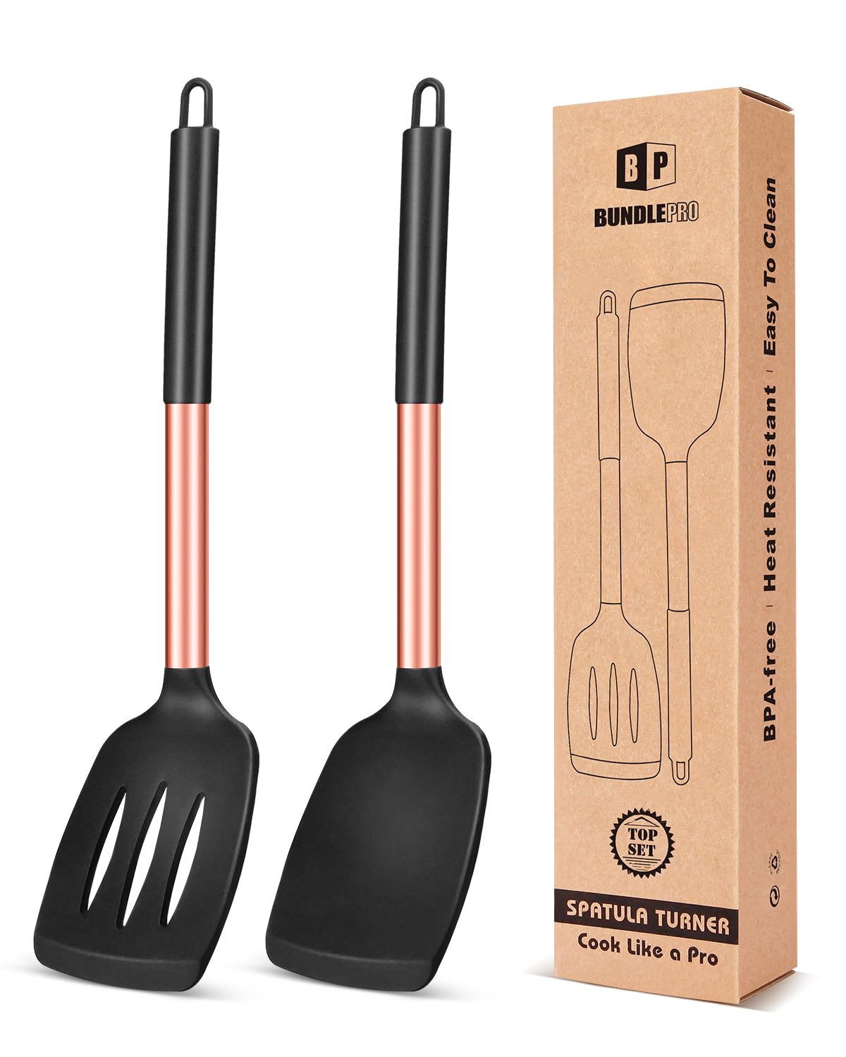 Pack of 2 Silicone Solid Turner, Non Stick Slotted Kitchen Spatulas, High Heat Resistant BPA Free Cooking Utensils, Ideal Cookware for Fish, Eggs, Pancakes(Black)