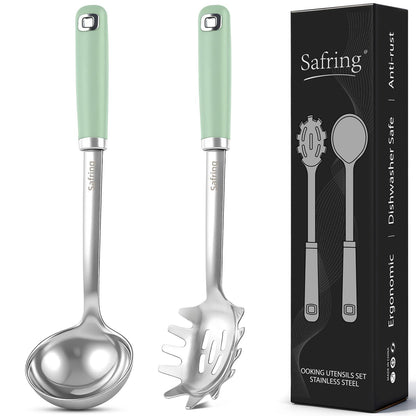 Safring Stainless Steel Soup Ladle and Spaghetti Spoon Set, Heat Resistant Rubber Handle, Dishwasher Safe, Kitchen Utensils for Cooking, Stirring, Serving Pasta, Soup & Sauce