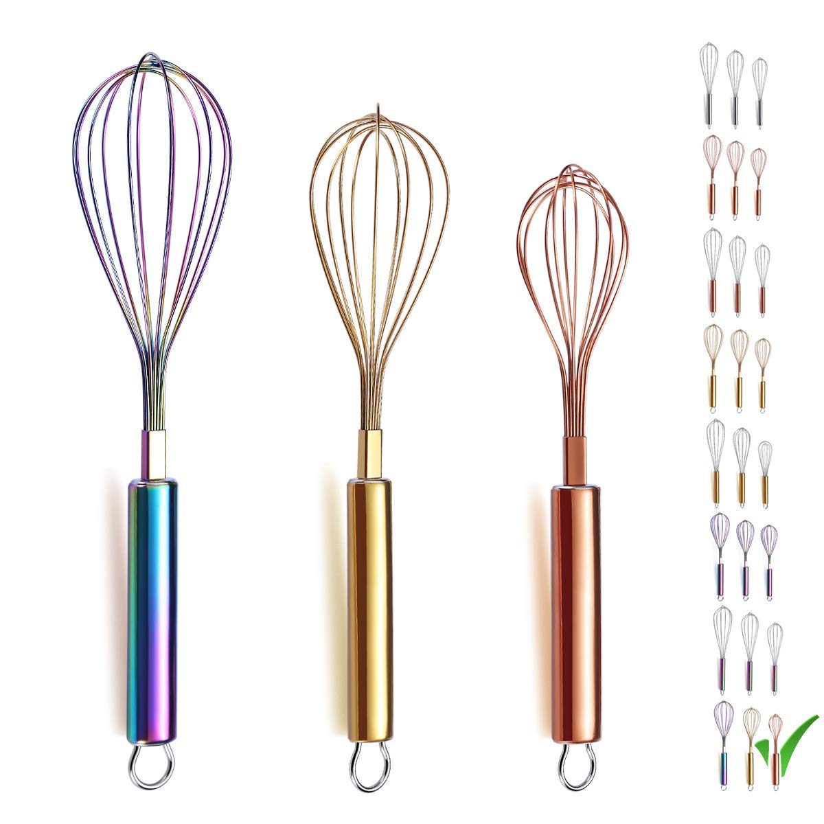Berglander Gold Whisk Pack of 3 Stainless Steel 8",10",12", Titianium Plating Whisks for Cooking, Beater,Wire Whisk Set Kitchen Wisk (Gold)