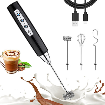 Nahida Black Milk Frother Wand for Coffee, Frother Handheld Rechargeable Electric Whisk Drink Mixer with 3 Heads 3 Speeds Coffee Frother Electric Stirrer For Latte, Cappuccino, Hot Chocolate