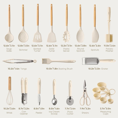 CAROTE 22-Piece Cooking Utensils Set with Wood Cool-Touch Handles, Cream