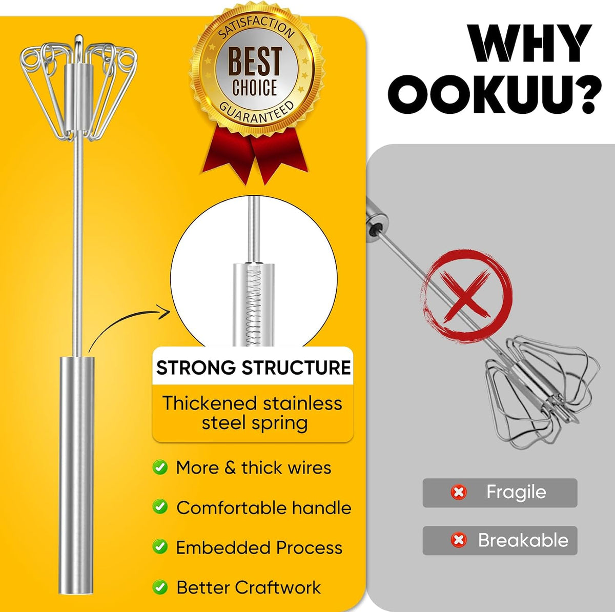 OOKUU Stainless Steel Egg Whisk, Semi Automatic Whisk Blender - Versatile Tool for Blending, Whisking, Beating & Stirring (12in)