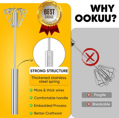 OOKUU Stainless Steel Egg Whisk, Semi Automatic Whisk Blender - Versatile Tool for Blending, Whisking, Beating & Stirring (12in)