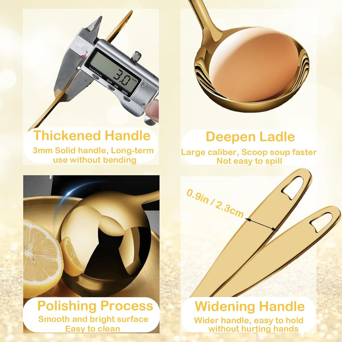 Soup Ladle, Gold Ladles for Serving, 304 Stainless Steel,12.2Inch