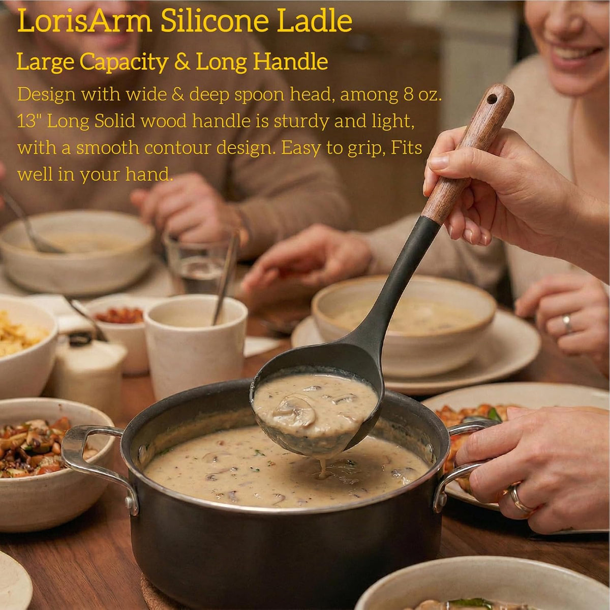 LorisArm Large 13" Soup Ladle Spoon, 8 Ounce Wooden handle Silicone Ladle Spoons Non Stick Kitchen Utensils.