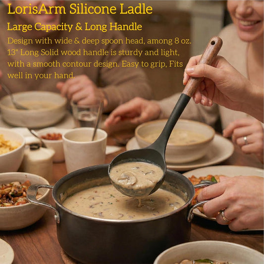 LorisArm Large 13" Soup Ladle Spoon, 8 Ounce Wooden handle Silicone Ladle Spoons Non Stick Kitchen Utensils.