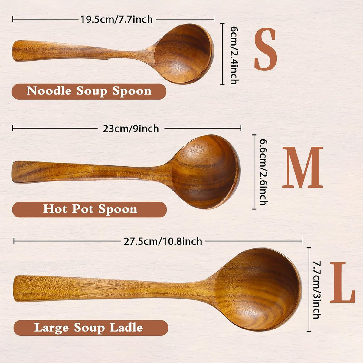 3Pcs Wooden Ladle for Soup, 3Size Natural Teak Wooden Spoons for Cooking, Non-Stick Wood Spoon, Wood Cooking Spoons, Wooden Soup Spoons, Kitchen Utensils Spoons Sets