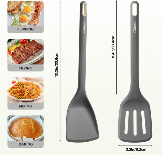 2 Pack Silicone Spatula, Heat Resistant 600°F Silicone Spatulas Set,Turner & Slotted Spatula for Non Stick Frying Pan, Food Grade Kitchen Utensils set for Flipping, Stir-Fry, Cooking & Baking