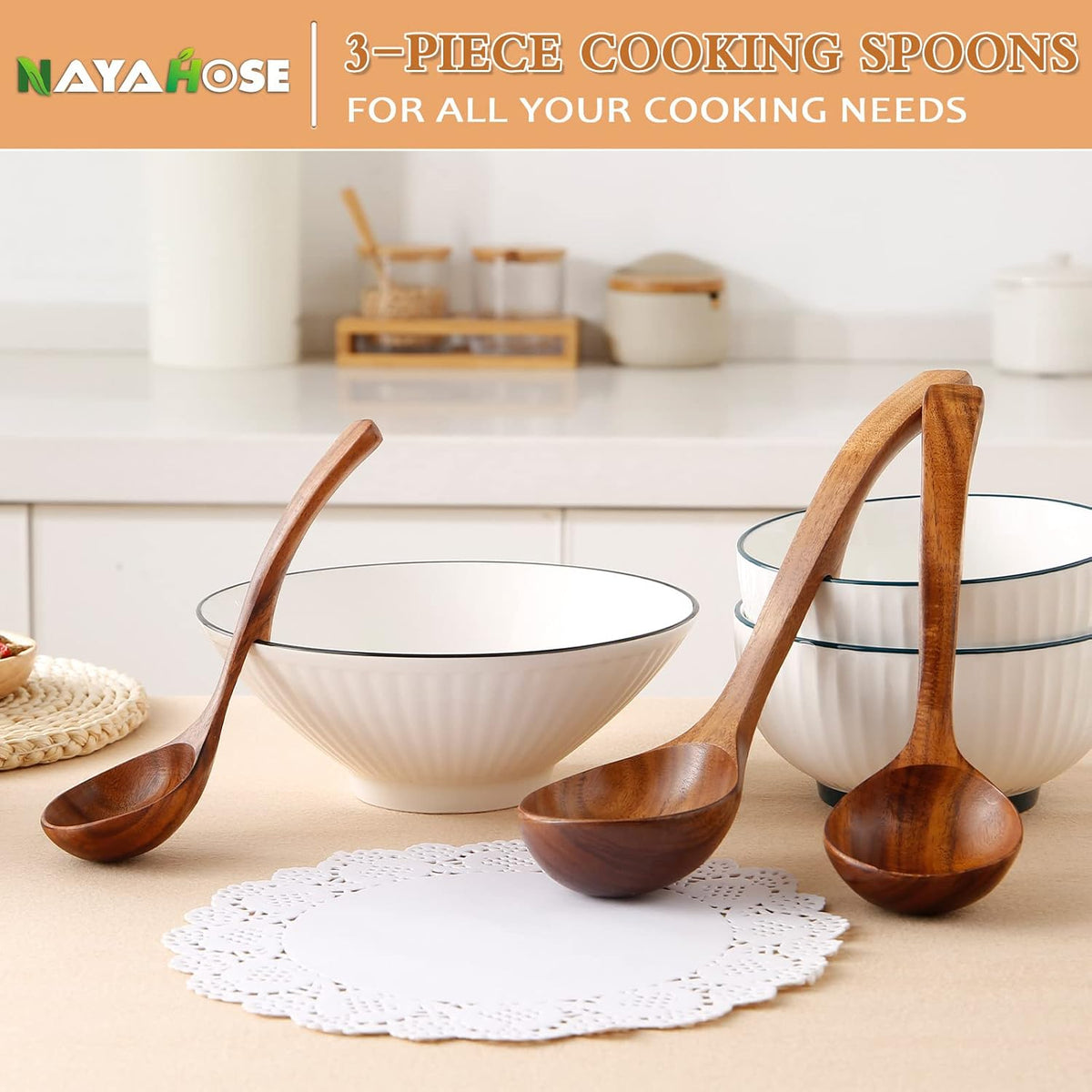 3Pcs Wooden Ladle for Soup, 3Size Natural Teak Wooden Spoons for Cooking, Non-Stick Wood Spoon, Wood Cooking Spoons, Wooden Soup Spoons, Kitchen Utensils Spoons Sets