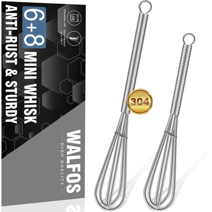 Walfos Mini Whisk,Non-Rust Whisk,304 Stainless steel Small Whisks.Heat Resistant 450℉.6+8Inch Tiny whisks Nice for Whisking, Blending Ingredients, Beating, Mixing Sauces (Silver)