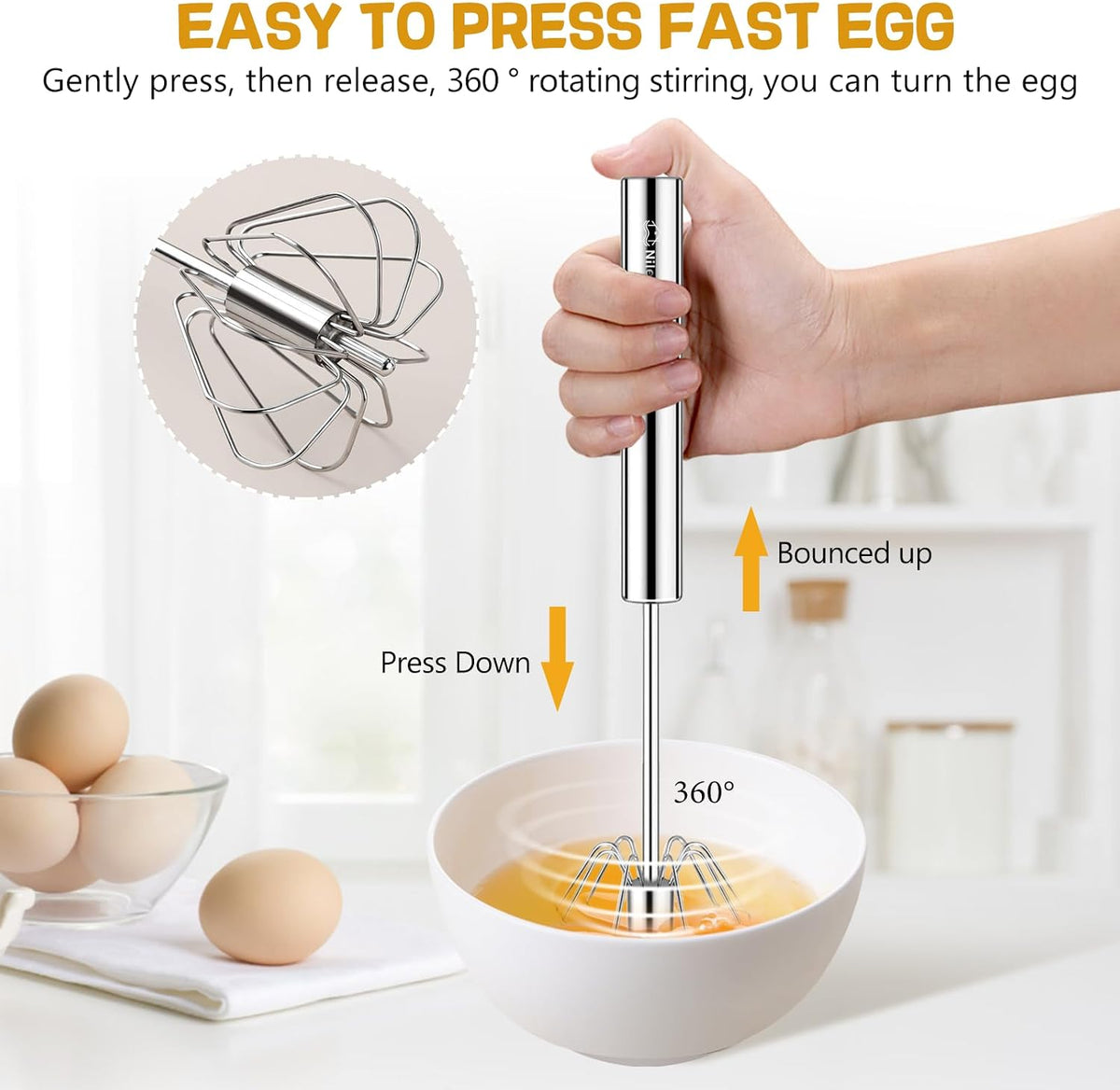 NileHome Stainless Steel Whisk 10" Semi-Automatic Rotary