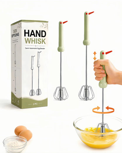 2 PC Semi-Automatic Stainless Steel Whisk Set, Push-Down Rotary Egg Beater