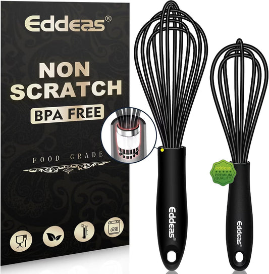 Eddeas Mini Silicone Whisk, Small Silicone Whisk 7+9in, BPA free Non Scratch Coated Protect your Ceramic Pots and Pan.Perfect for Whisking, Beating, Mixing.Black