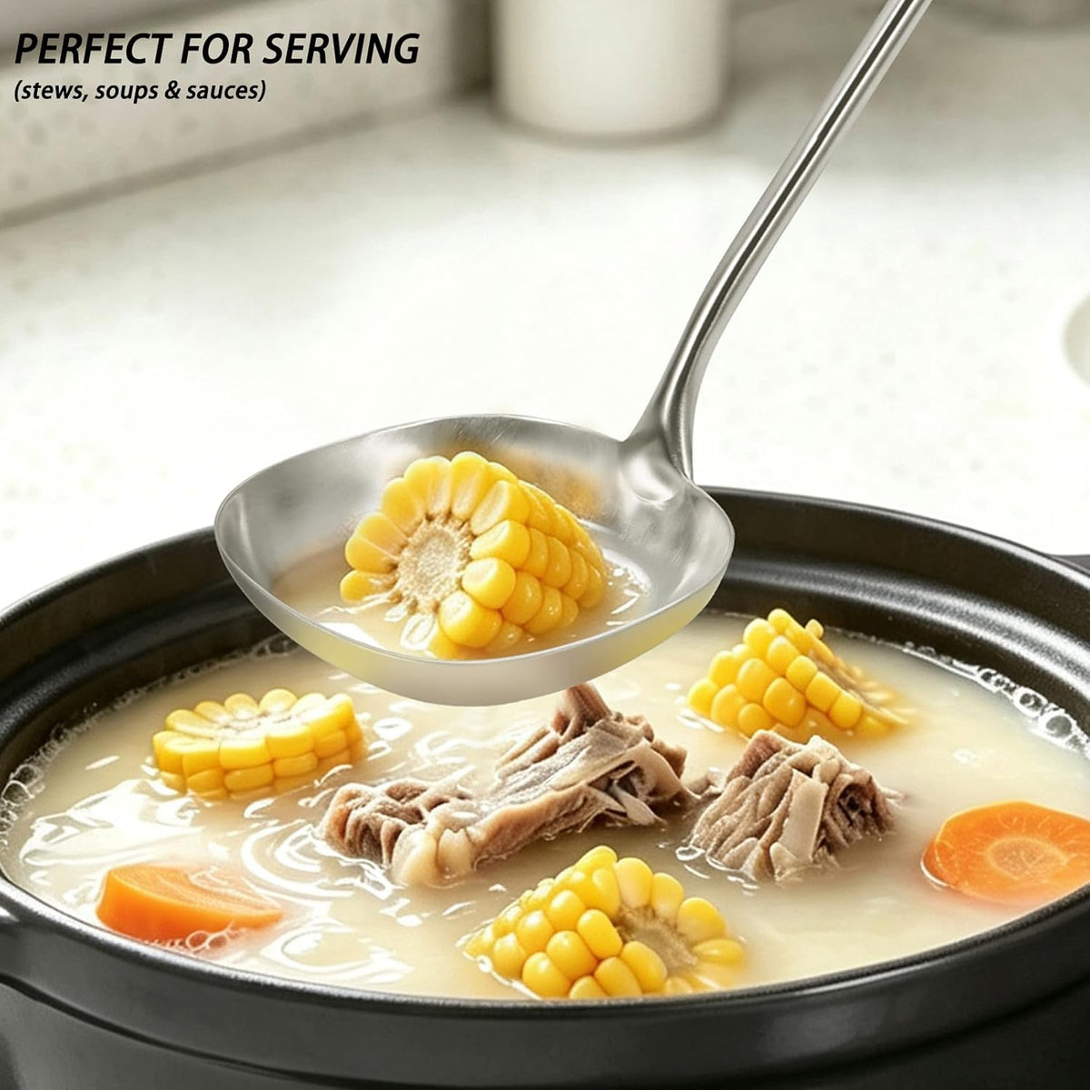 15.4" Large Soup Ladle,316 Stainless Steel Kitchen Ladle with Unique Square Head,Premium Matte Finish Gravy Ladle for Serving Stews,Soups&Sauces,Ergonomic Heat-Resistant Handle Soup Spoon