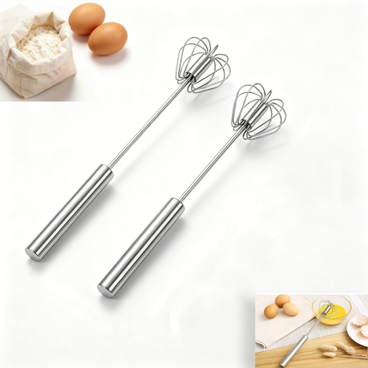 Stainless Steel Semi-Automatic Whisk, New Stainless Steel Egg Whisk Hand Push Spinning Whisk, Versatile Egg Whisk Stirrer Tool for Making Cream, Beating and Stirring Whisking (1, small)