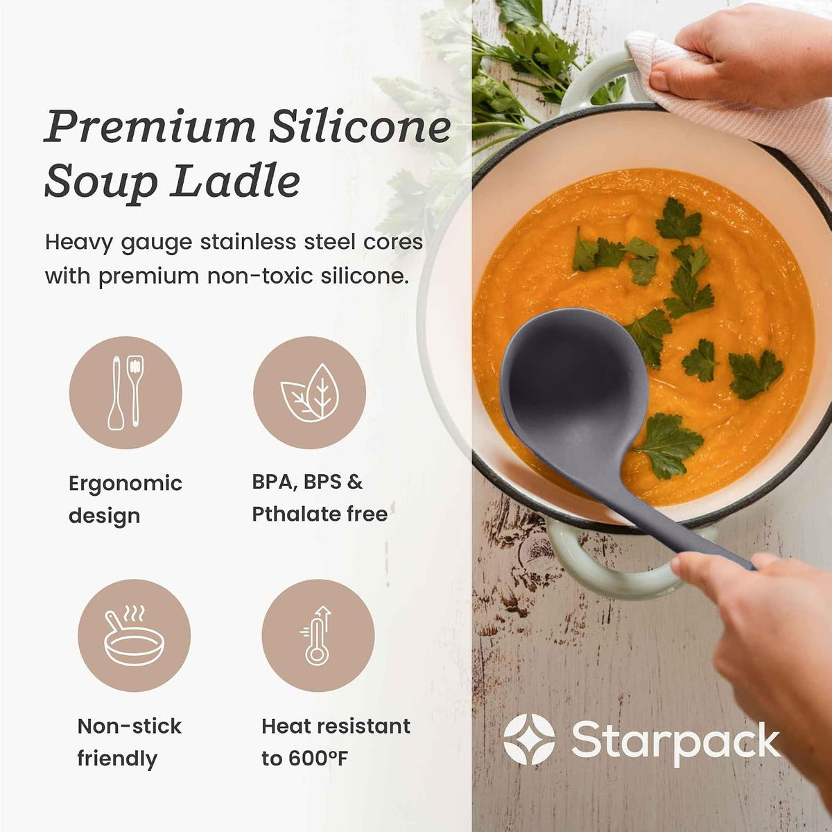Starpack 'Ladle of Love' XL Premium Silicone Ladle Spoon - Up-to 600°F High Heat Resistant Soup Ladles - Kitchen Ladles for Serving, Non Stick Silicone Spoons, LFGB Grade Cooking Spoon - Gray Black