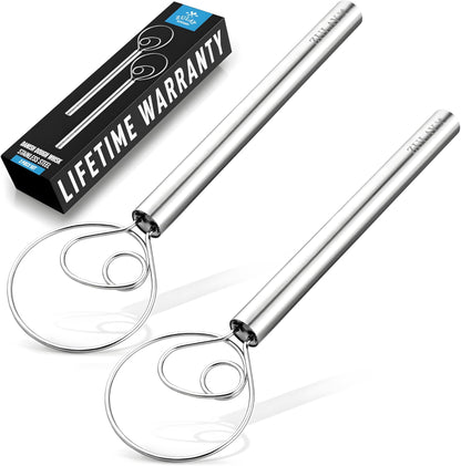 Zulay Kitchen 13-Inch Danish Dough Whisk - Stainless Steel Wooden Whisk with Dough Hook - Sourdough Whisk for Bread, Pizza, Pastry, Cake Batter & More - Wood