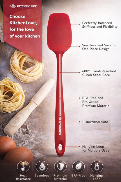 KITCHENLOVE Premium 600°F Heat Resistant 5 Piece Silicone Spatula Set for Baking, Cooking, Mixing - Non-Stick with High Grade S-Iron Steel Core - One Piece Seamless Design - BPA Free (Red)