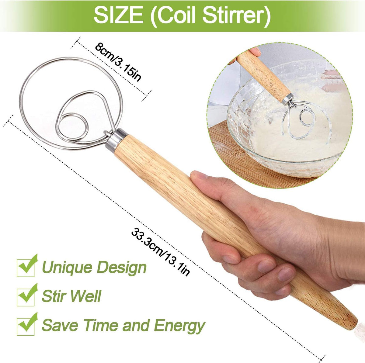 3PCS Stainless Steel Danish Dough Mixing, Kalolary Whisk Mix Tool (3 Sizes)