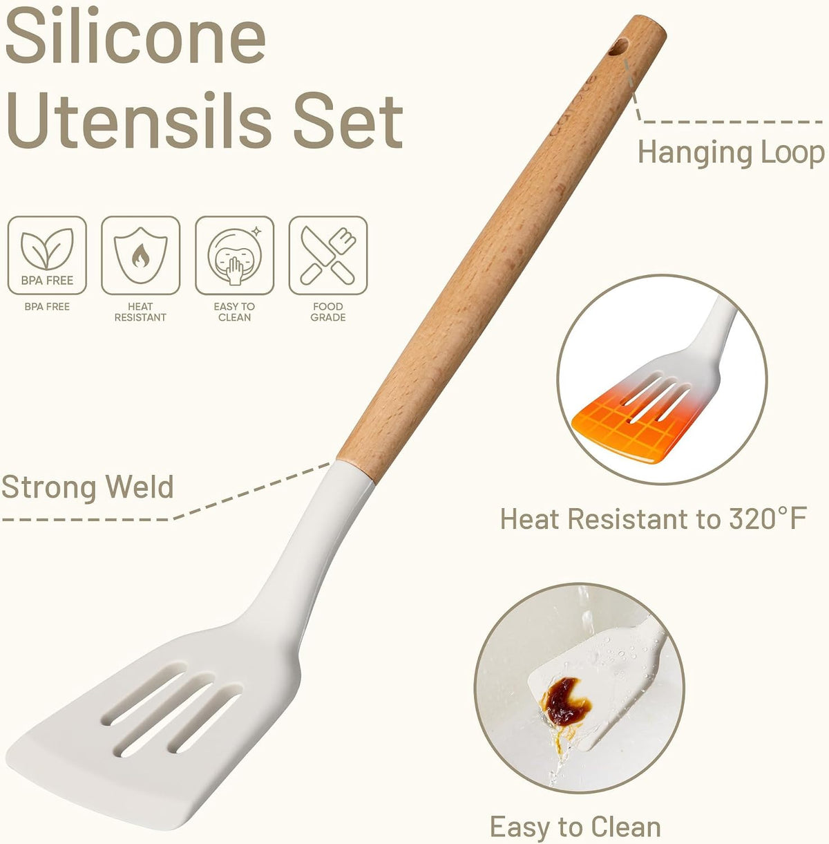 CAROTE 22-Piece Cooking Utensils Set with Wood Cool-Touch Handles, Cream