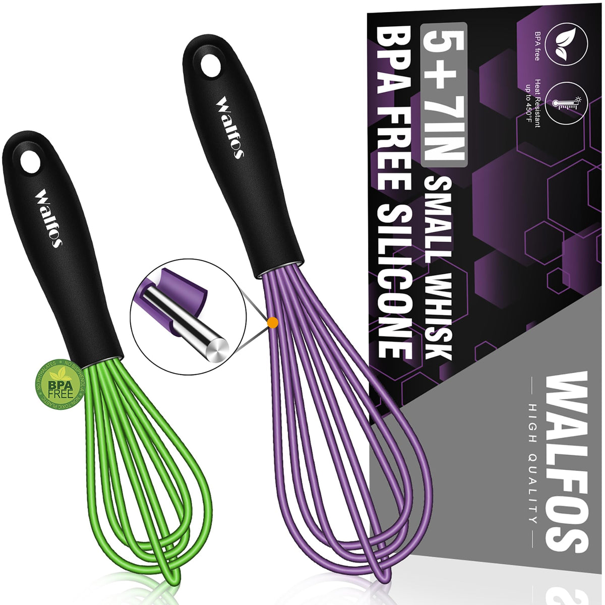 Walfos Mini Whisk,Non-Rust Whisk,304 Stainless steel Small Whisks.Heat Resistant 450℉.6+8Inch Tiny whisks Nice for Whisking, Blending Ingredients, Beating, Mixing Sauces (Silver)