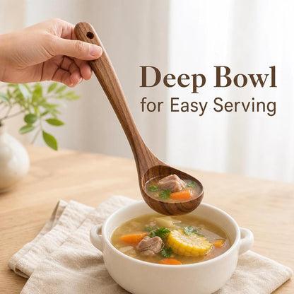 Wooden Ladle for Soup – 11x3" Deep Wood Ladle, Long Handle-End & Heat-Resistant Handle for Comfortable Grip, Easy to Clean Wooden Soup Spoon for Sauces, Stews and Kitchen Use Cooking