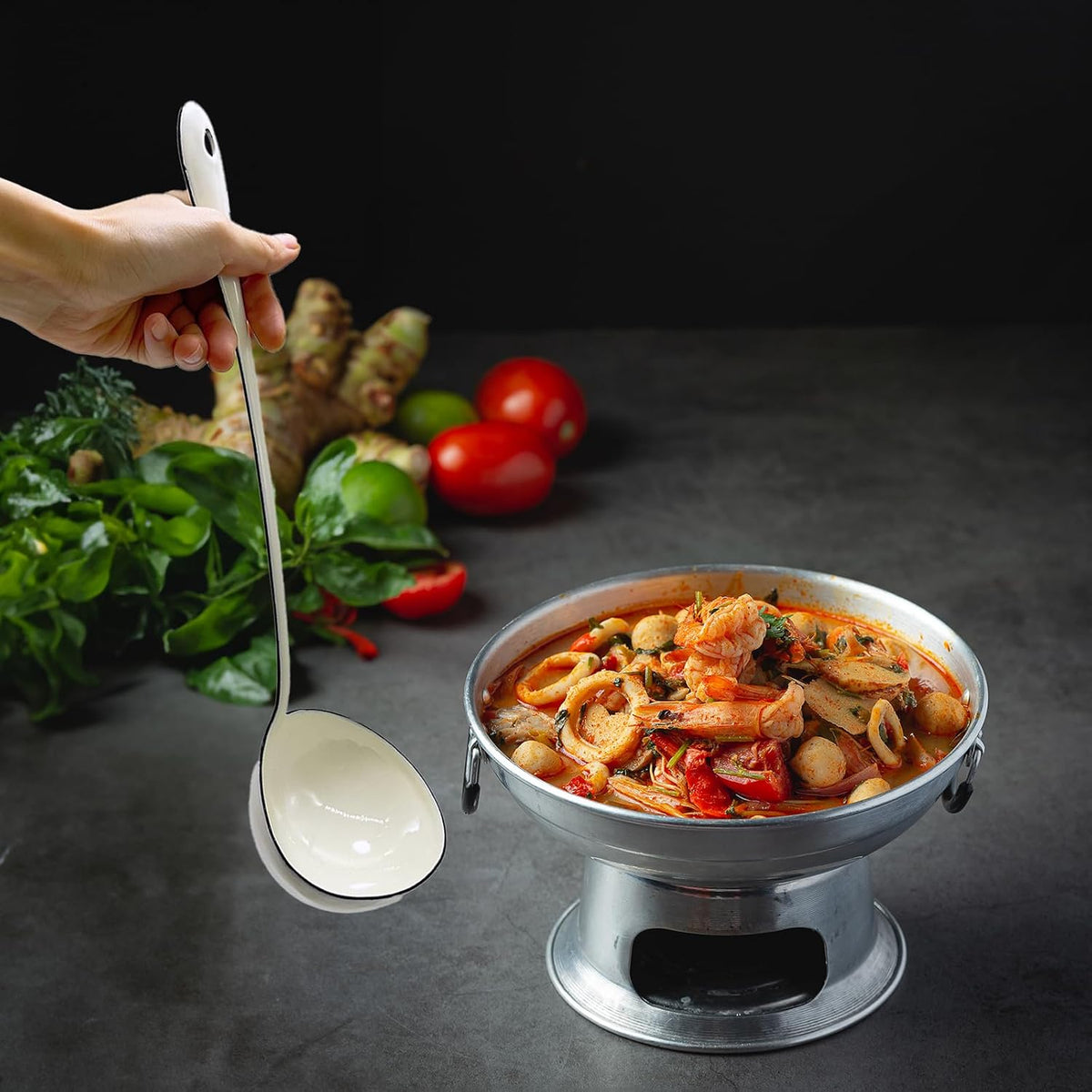 White Soup Ladle Spoons 12.2 Inch Big Serving Cooking Spoons Enamel Steel Stew Gravy Ladles for Serving