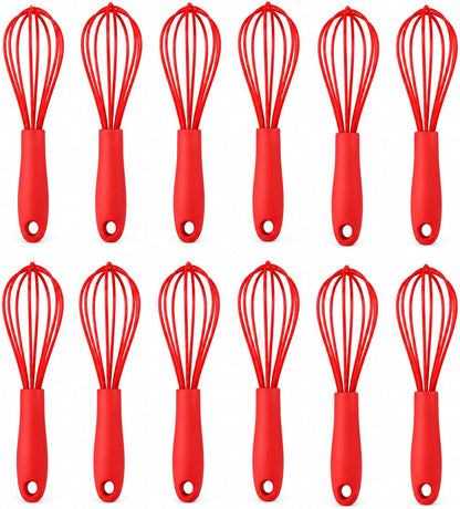 Compact Silicone Whisk (6.7 Inch), 12 Pack Portable Mini Balloon Mixer Egg Beater, Manual Handheld Milk Frothers, Household Egg Blender Small Silicone Egg Whisks for Cooking (Red)