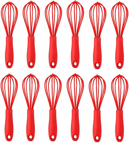 Compact Silicone Whisk (6.7 Inch), 12 Pack Portable Mini Balloon Mixer Egg Beater, Manual Handheld Milk Frothers, Household Egg Blender Small Silicone Egg Whisks for Cooking (Red)