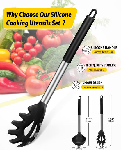 BUNDLEPRO Silicone Soup Ladle and Pasta Spoon Set, 2 Pack, Black