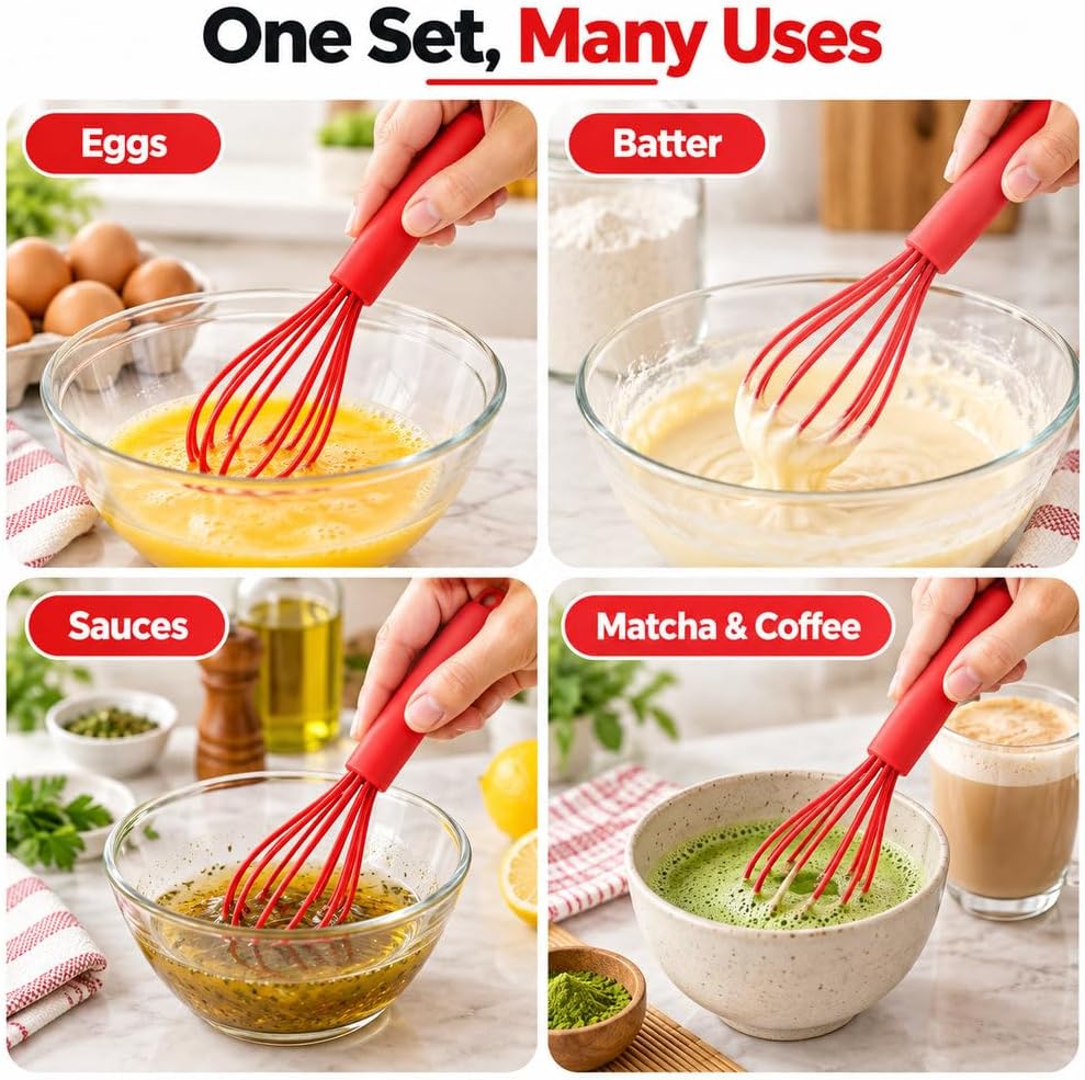 Compact Silicone Whisk (6.7 Inch), 12 Pack Portable Mini Balloon Mixer Egg Beater, Manual Handheld Milk Frothers, Household Egg Blender Small Silicone Egg Whisks for Cooking (Red)
