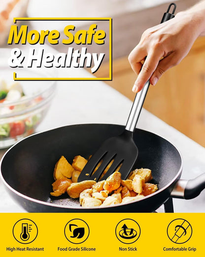 Pack of 2 Silicone Solid Turner, Non Stick Slotted Kitchen Spatulas, High Heat Resistant BPA Free Cooking Utensils, Ideal Cookware for Fish, Eggs, Pancakes(Black)
