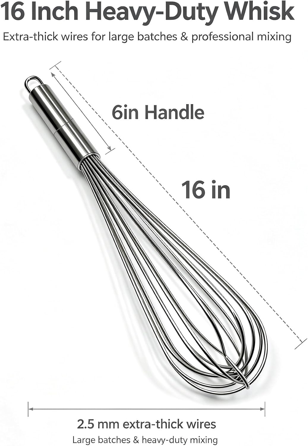Large Commercial whisk, Heavy Duty 16in Wire Whisk, 304 Stainless Steel 2.5mm Thick Manual Egg Whisk, Durable Kitchen Mixer Mixing Batter, Beating Egg and Blending Sauces.