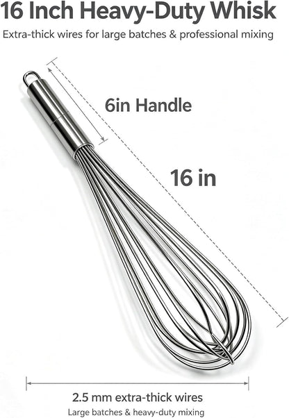 Large Commercial whisk, Heavy Duty 16in Wire Whisk, 304 Stainless Steel 2.5mm Thick Manual Egg Whisk, Durable Kitchen Mixer Mixing Batter, Beating Egg and Blending Sauces.