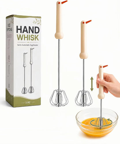 2 PC Semi-Automatic Stainless Steel Whisk Set, Push-Down Rotary Egg Beater
