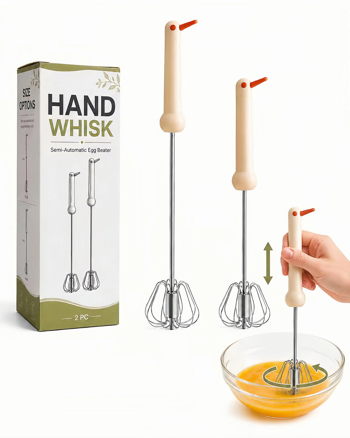 2 PC Semi-Automatic Stainless Steel Whisk Set, Push-Down Rotary Egg Beater