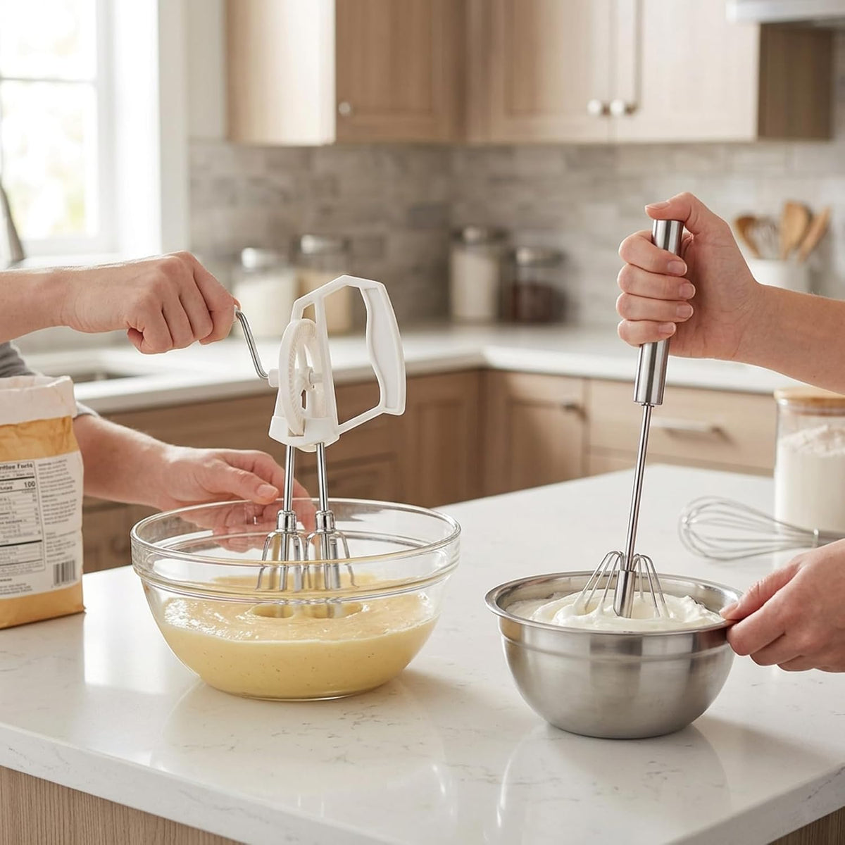 2 PCS Egg Beaters Hand Crank, Manual Egg Whisker Set with Stainless Steel Wires, Efficient Kitchen Tool for Baking and Cooking, Two Multipurpose Whisks for Various Mixing Tasks