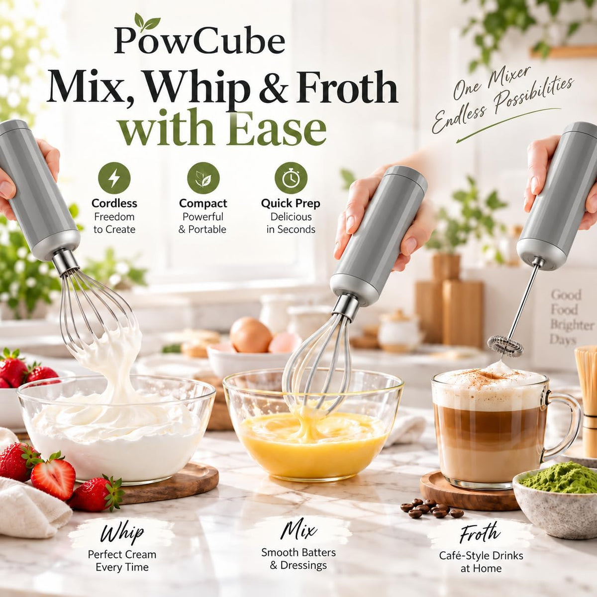 Cordless Hand Mixer, 4-in-1 Handheld Electric Mixer with Electric Whisk Frother & 10 oz Mini Food Chopper, USB-C Rechargeable 4-Speed Hand Mixer for Eggs, Cream, Coffee & Small-Batch Prep