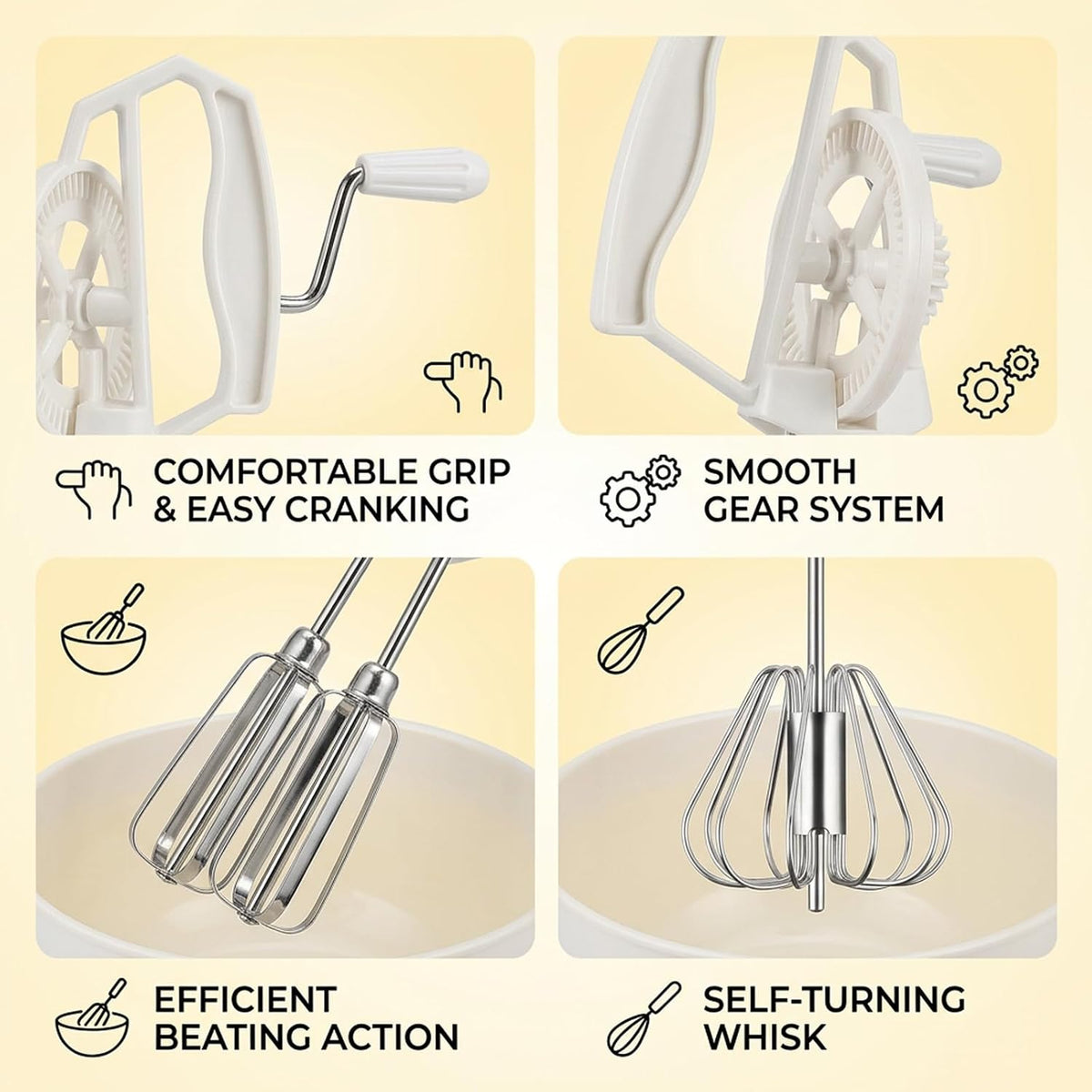 2 PCS Egg Beaters Hand Crank, Manual Egg Whisker Set with Stainless Steel Wires, Efficient Kitchen Tool for Baking and Cooking, Two Multipurpose Whisks for Various Mixing Tasks