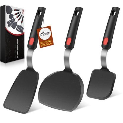 HOTEC Silicone Spatula Turner Set of 3, Heat Resistant 600°F & BPA-Free Flexible Rubber Spatulas for Nonstick Cookware, Kitchen Utensils for Flipping Eggs, Fish, Burgers, Pancakes, Cookie, Crepes