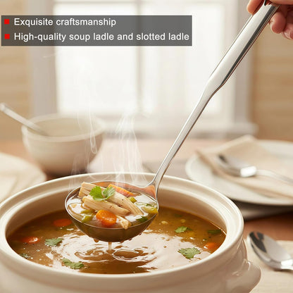 Soup Ladle 18/10 Stainless Steel and Slotted Spoons with Holes 2 Pack Set,316 Metal Heavy Duty Deep Spoon Gravy Punch Ladles for Serving Soup,Gravy,Draining,Kitchen Cooking,Hot Pot(11.8inchs)
