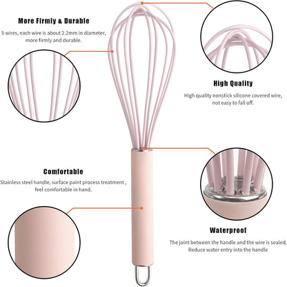 GorGin high temperature and easy to clean silicone whisk, wisk,stirrer, 10 inch, grip good grip design for Blending Whisking Beating Stirring Cooking Baking (1 Pack | Pink)