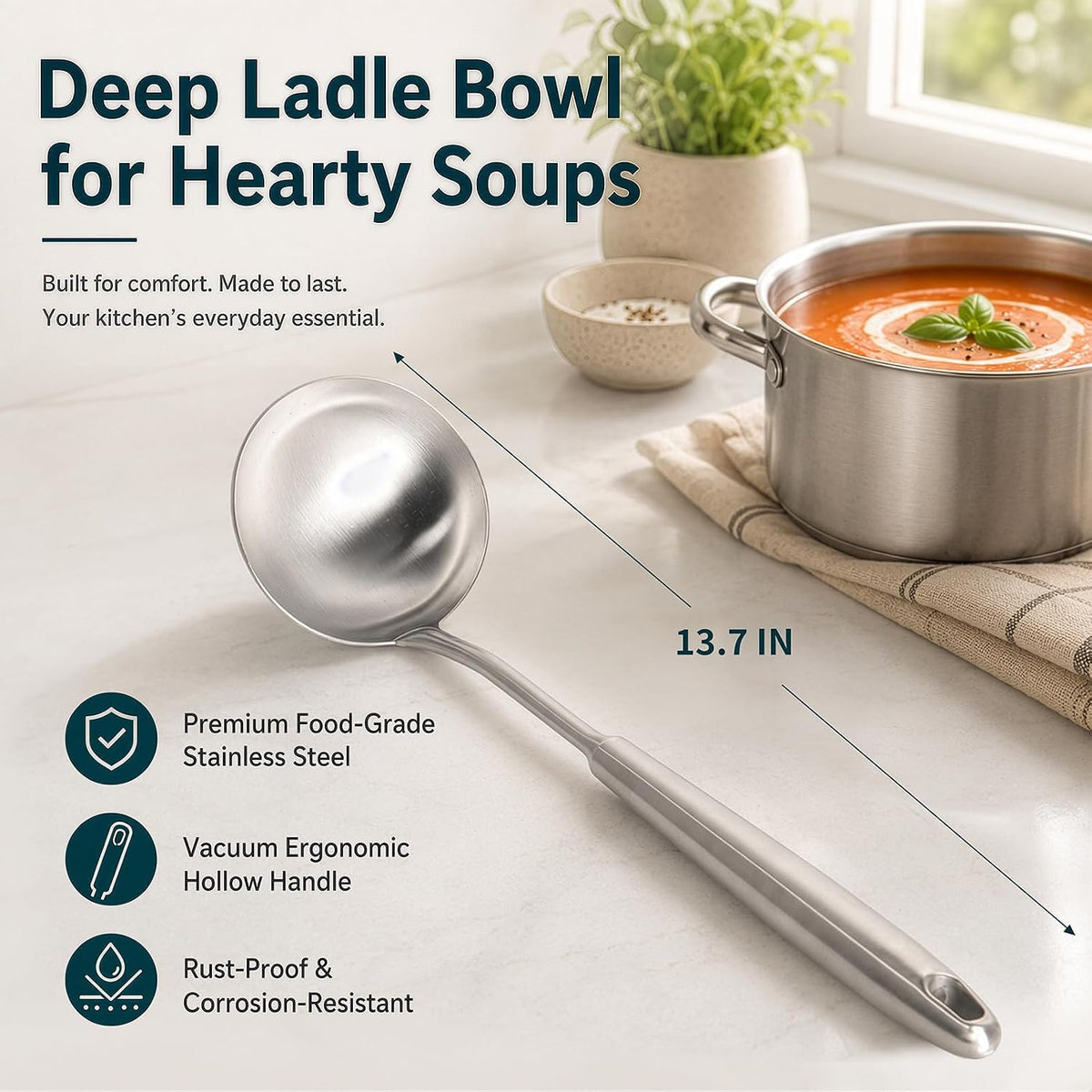 18/8 Stainless Steel Soup Ladle, Durable Metal Ladel, Serving Spoon