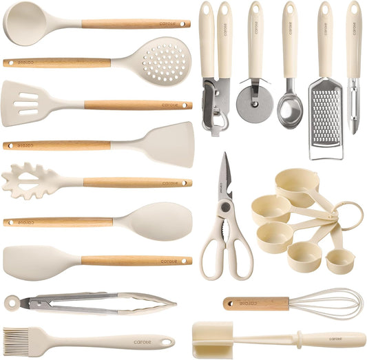 CAROTE 22-Piece Cooking Utensils Set with Wood Cool-Touch Handles, Cream