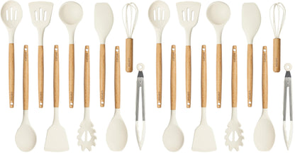 CAROTE 22-Piece Cooking Utensils Set with Wood Cool-Touch Handles, Cream